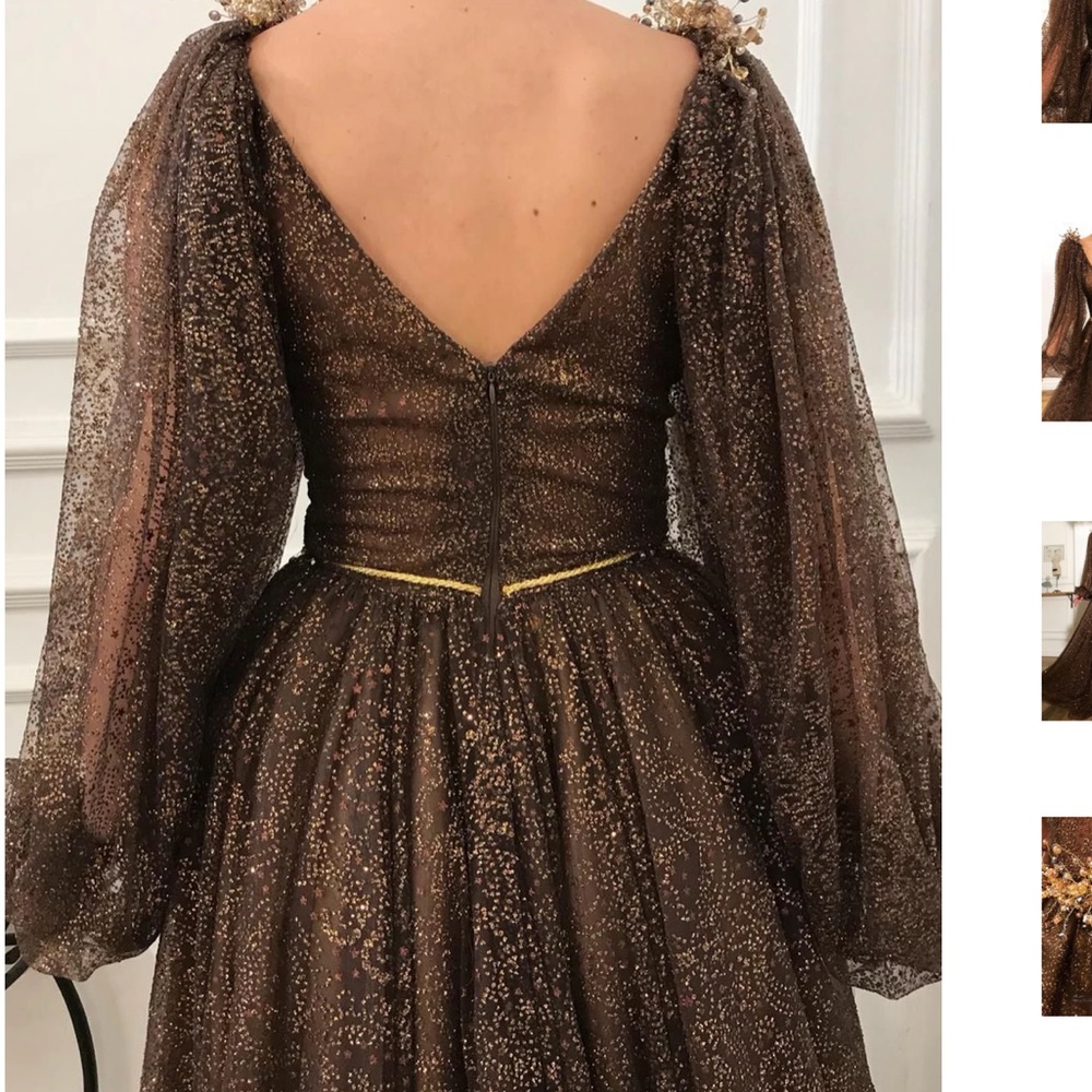 Teuta Matoshi Plus Size Embellished Brown Gown with Gold Accents - Picture 2 of 4